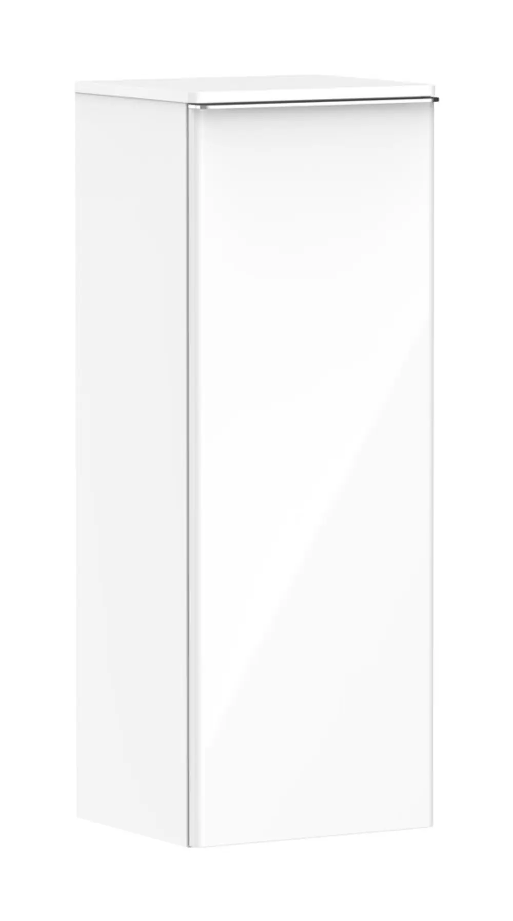 Weiße Hochschrank mit glänzender Oberfläche, links angeschlagenes Türdesign. Produziert von Hansgrohe. Ideal für moderne Badezimmer.